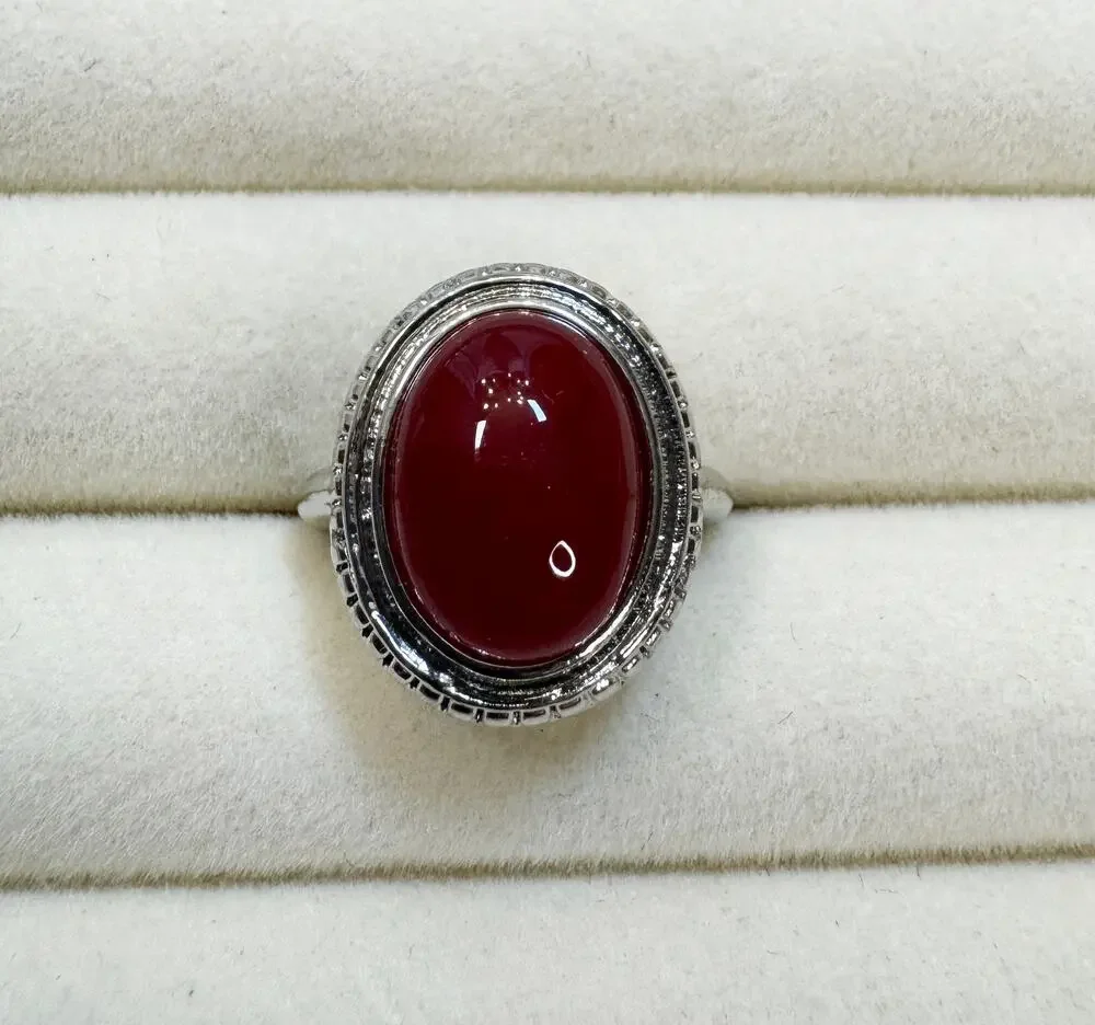 New Size 7 Red Oval Cabochon Ring Silver Tone Vintage Style Statement Ring R005